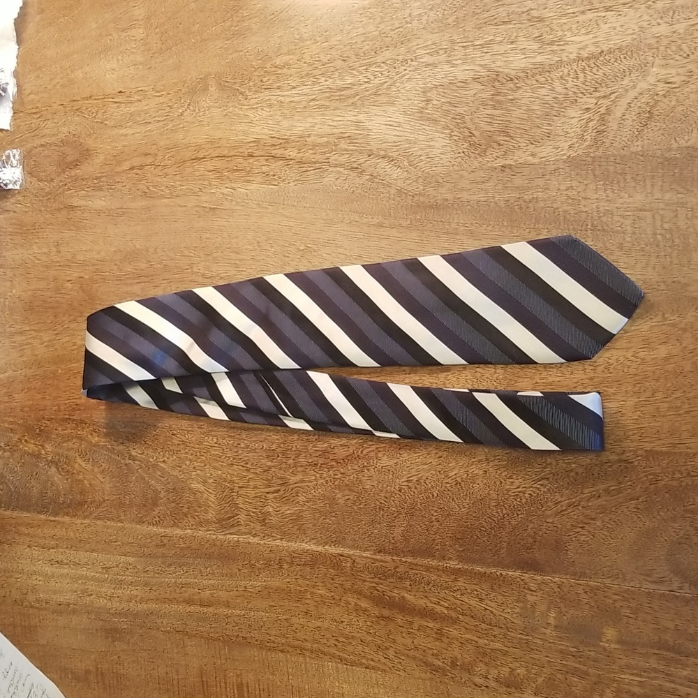 BOSS by Hugo Boss Black, White, Gray Silk Striped Tie Made In Italy